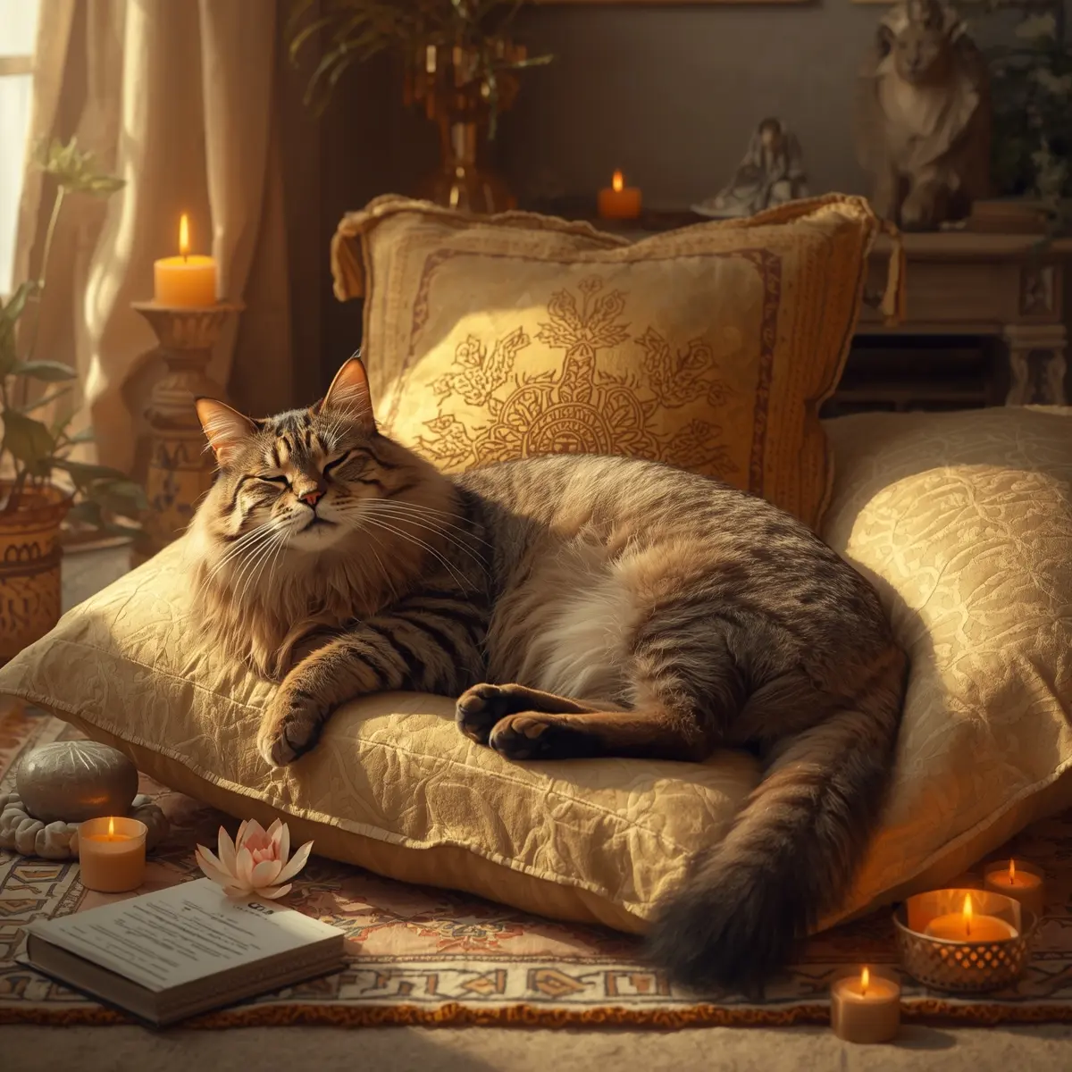 Tabby with blue collar and ankh, pyramids at sunset.