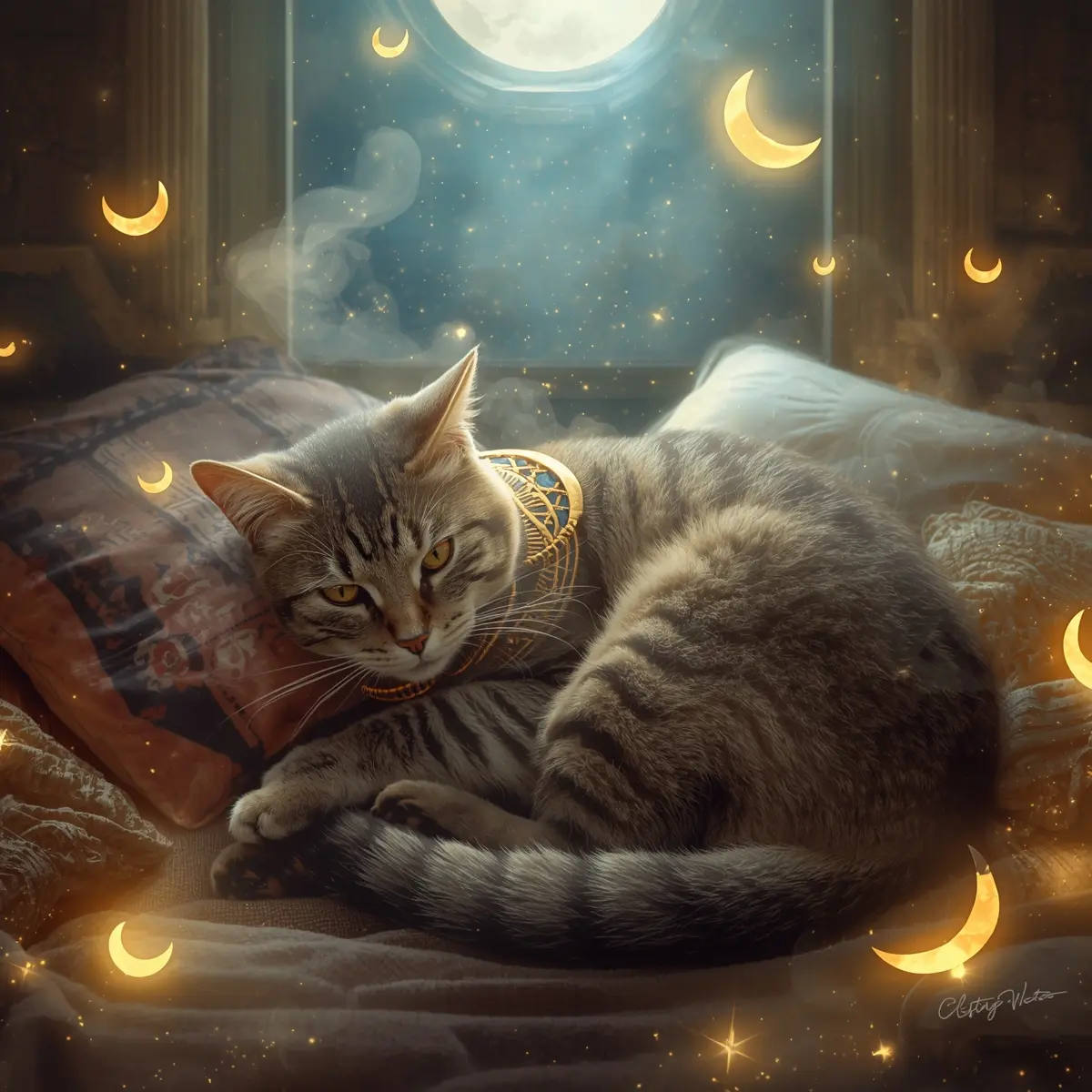 Cat resting under glowing moon and crescent lights