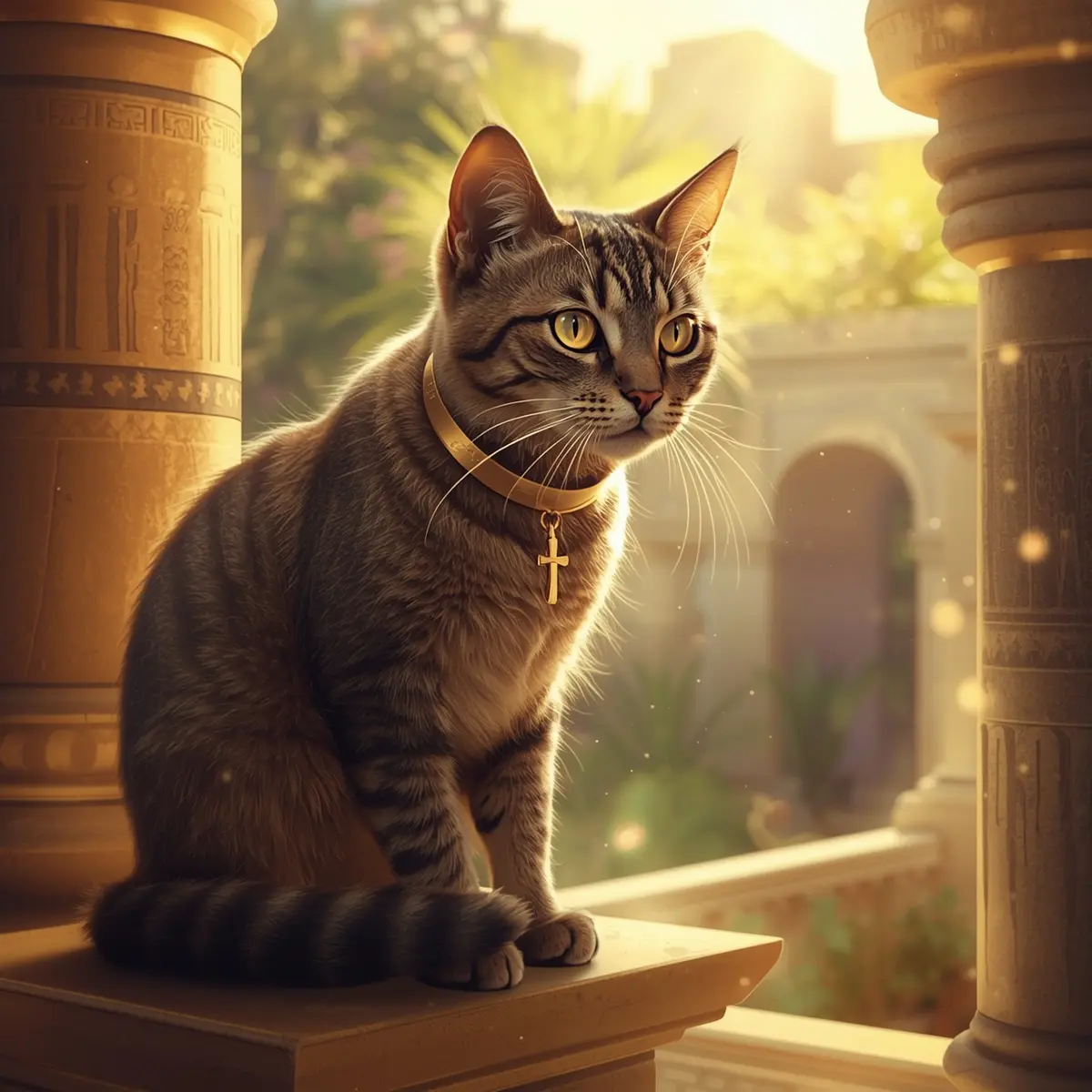 Tabby cat in Egyptian collar reaching toward a glowing orb.