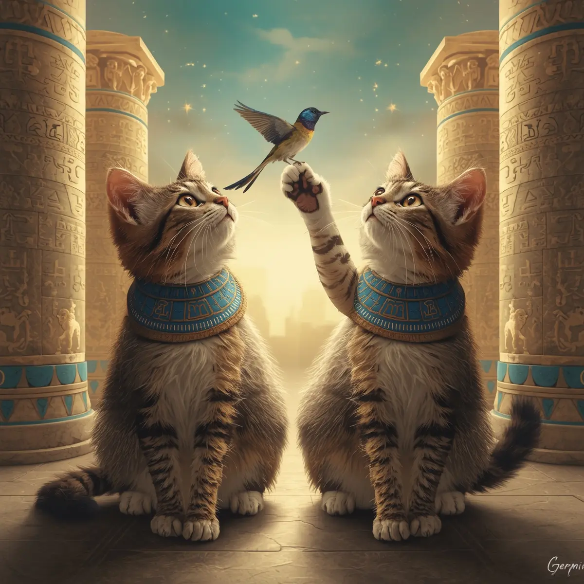 Two cats in blue collars reaching toward a bird.