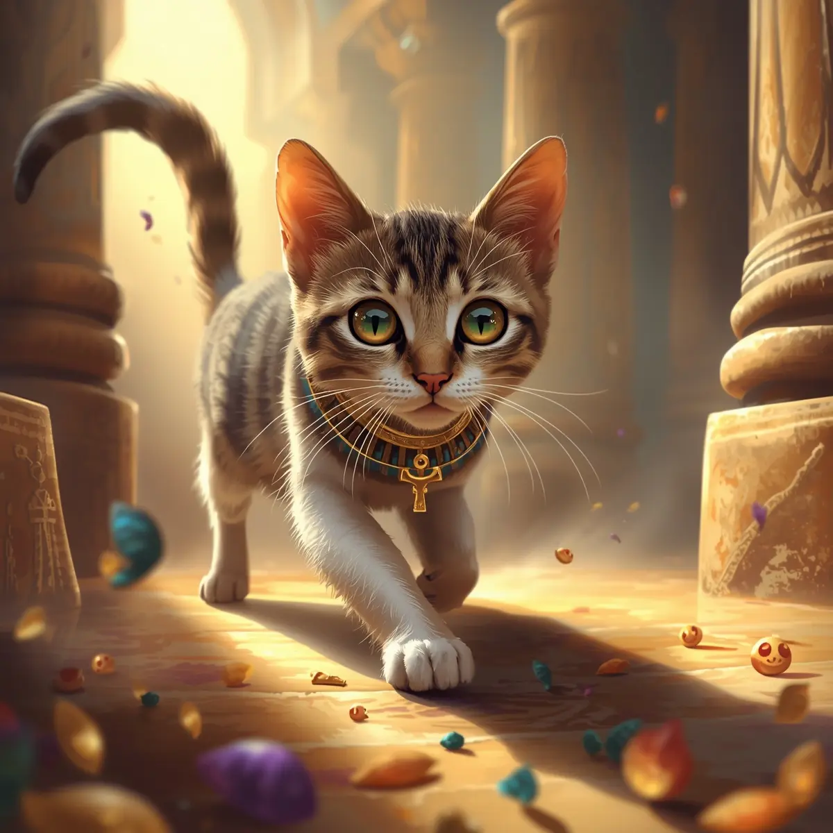 Curious kitten walking through ancient hall