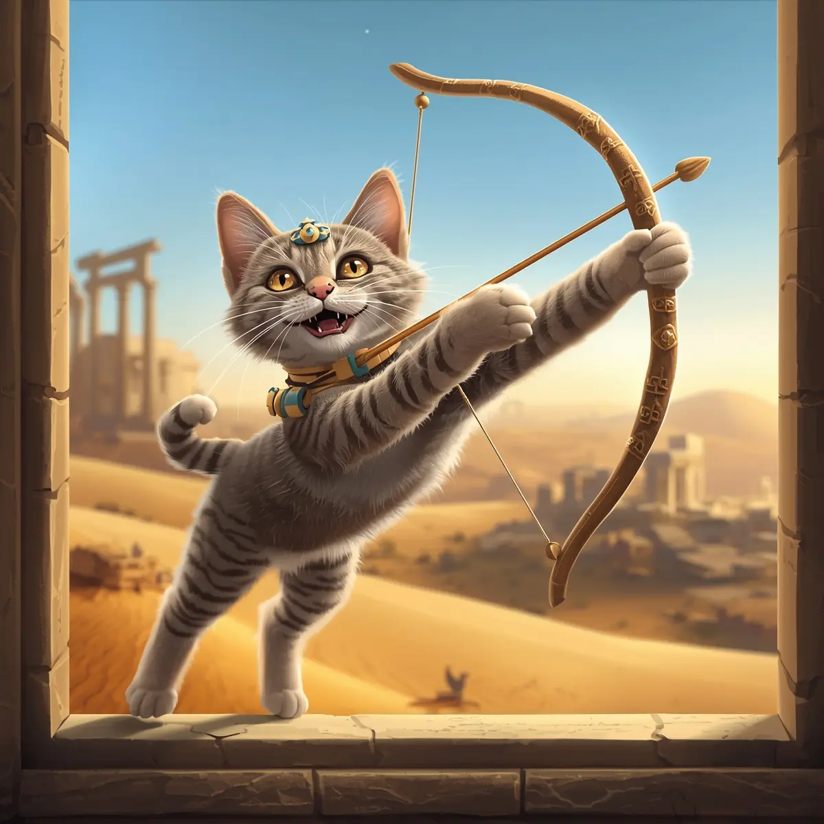 Tabby kitten drawing a bow in desert ruins