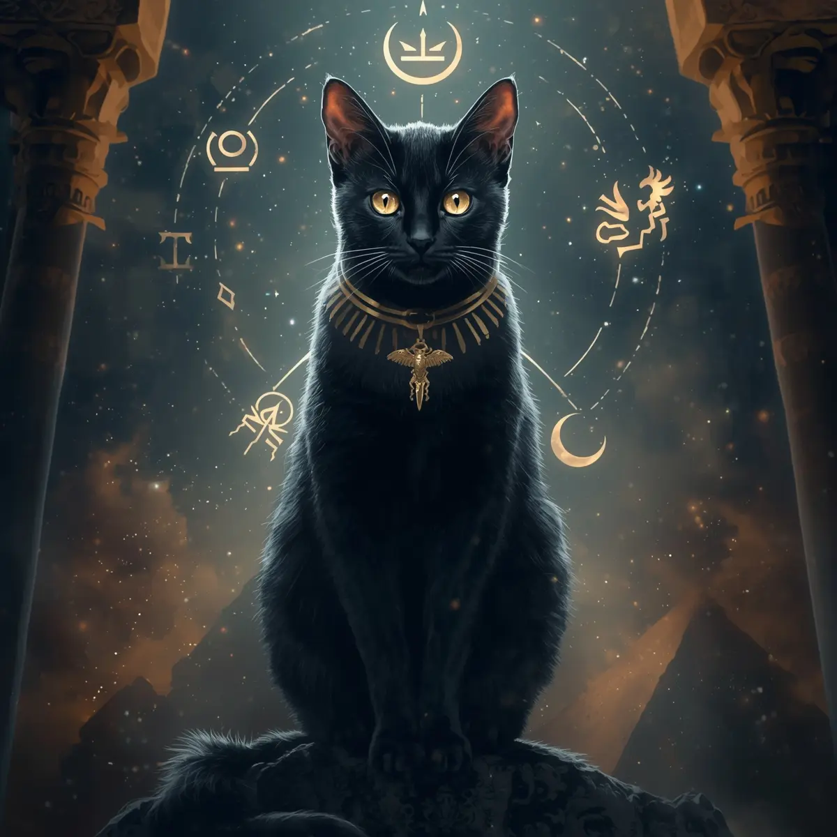 Black cat with gold collar, symbols glowing behind