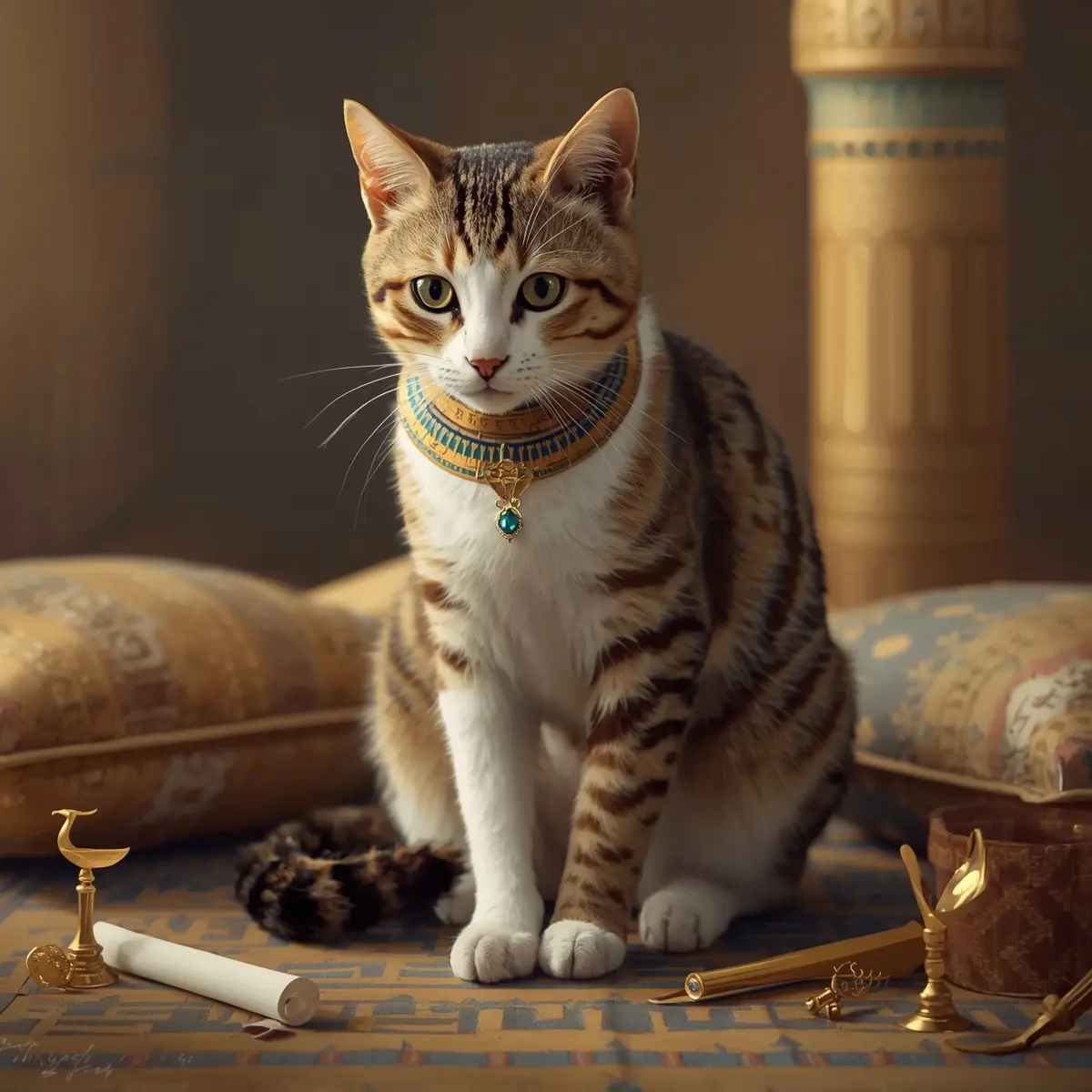 Tabby cat with jeweled collar among gold scribe tools