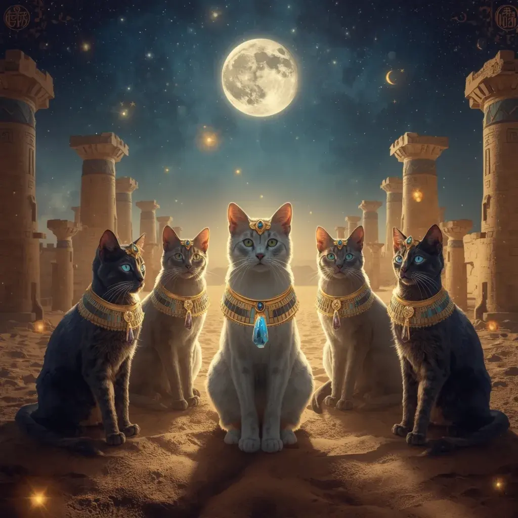 Five cats in Egyptian jewelry sitting in temple ruins under full moon"