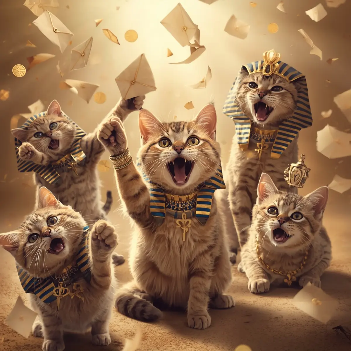 A group of cats cheering and celebrating their victory, surrounded by flying newsletters.